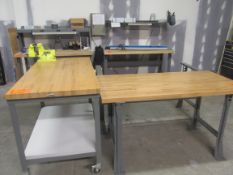 Lot of (4) asst. wood top work benches, with vise, lights, etc.