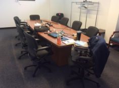 12' 2-pc wood conference table with (10) HON executive chairs, coat rack, credenza, and bench with e