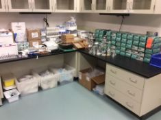 Lot of laboratory supplies, glassware, plastic botttles, containers, gloves, etc