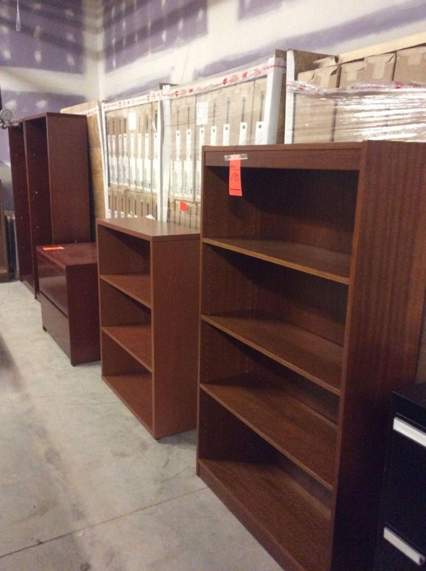 Lot of assorted woodgrain finish desks w/returns, bookshelves, and credenzas - Image 3 of 3