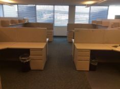 Lot of upholstered office cubicles, with overshelves, laterial files, storage cabinets. Outside wall