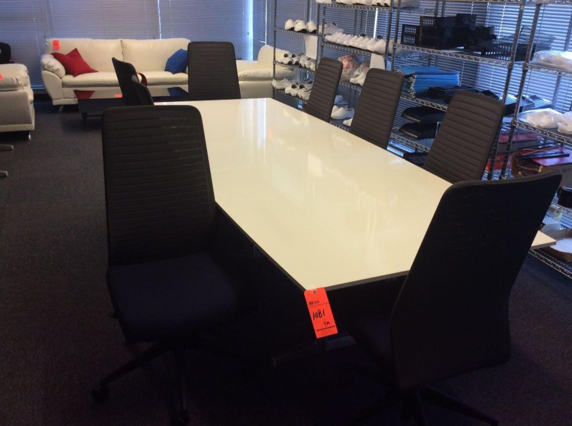 9 pc conference table including 10' 1-pc formica conference table with (8) high back chairs