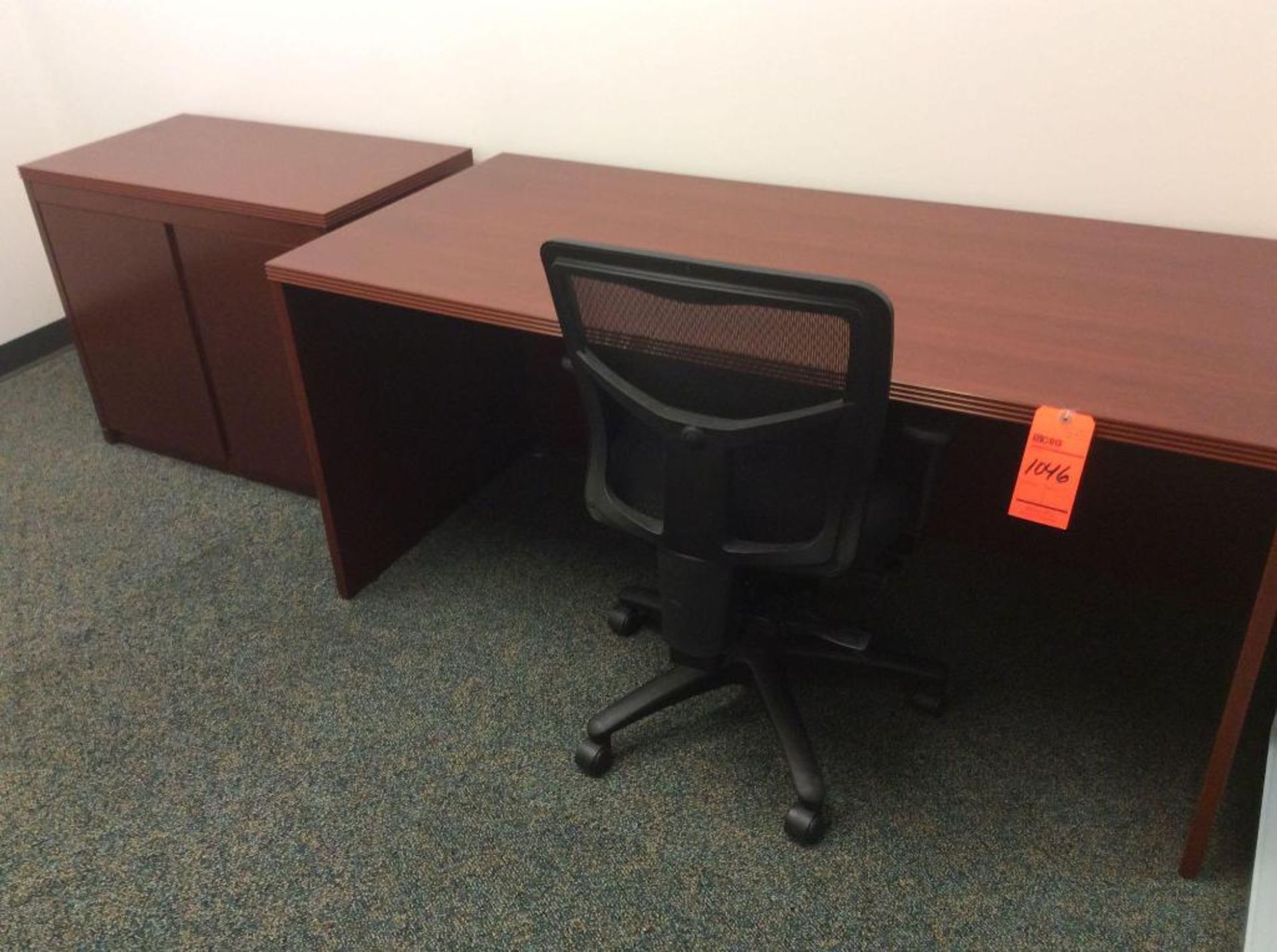 Lot of (2) 6' wood desks with wood lateral file and storage cabinet and (2) upholstered executive ch - Image 2 of 3