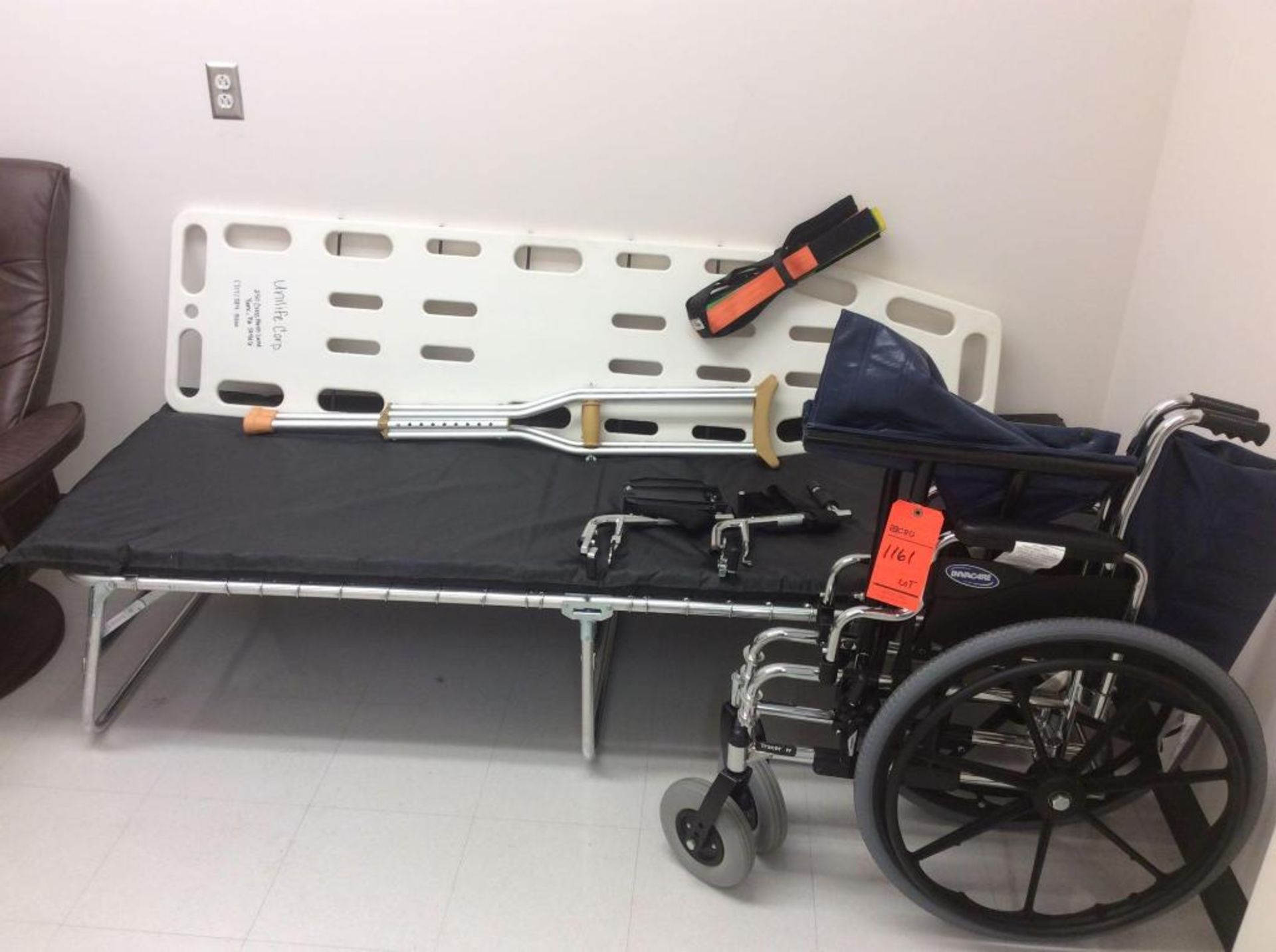 Lot of first aid / response equipment including wheel chair, stretcher, crutches, cot, exam chair, f - Image 2 of 3
