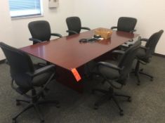 7 pc conference table including 8' one piece wood conference table with (6) HON executive chairs