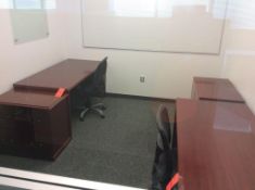 Lot of (2) 6' wood desks with wood lateral file and storage cabinet and (2) upholstered executive ch