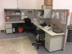 Lot of office furniture ncluding shipping and receiving area including modular offices, wood top wor