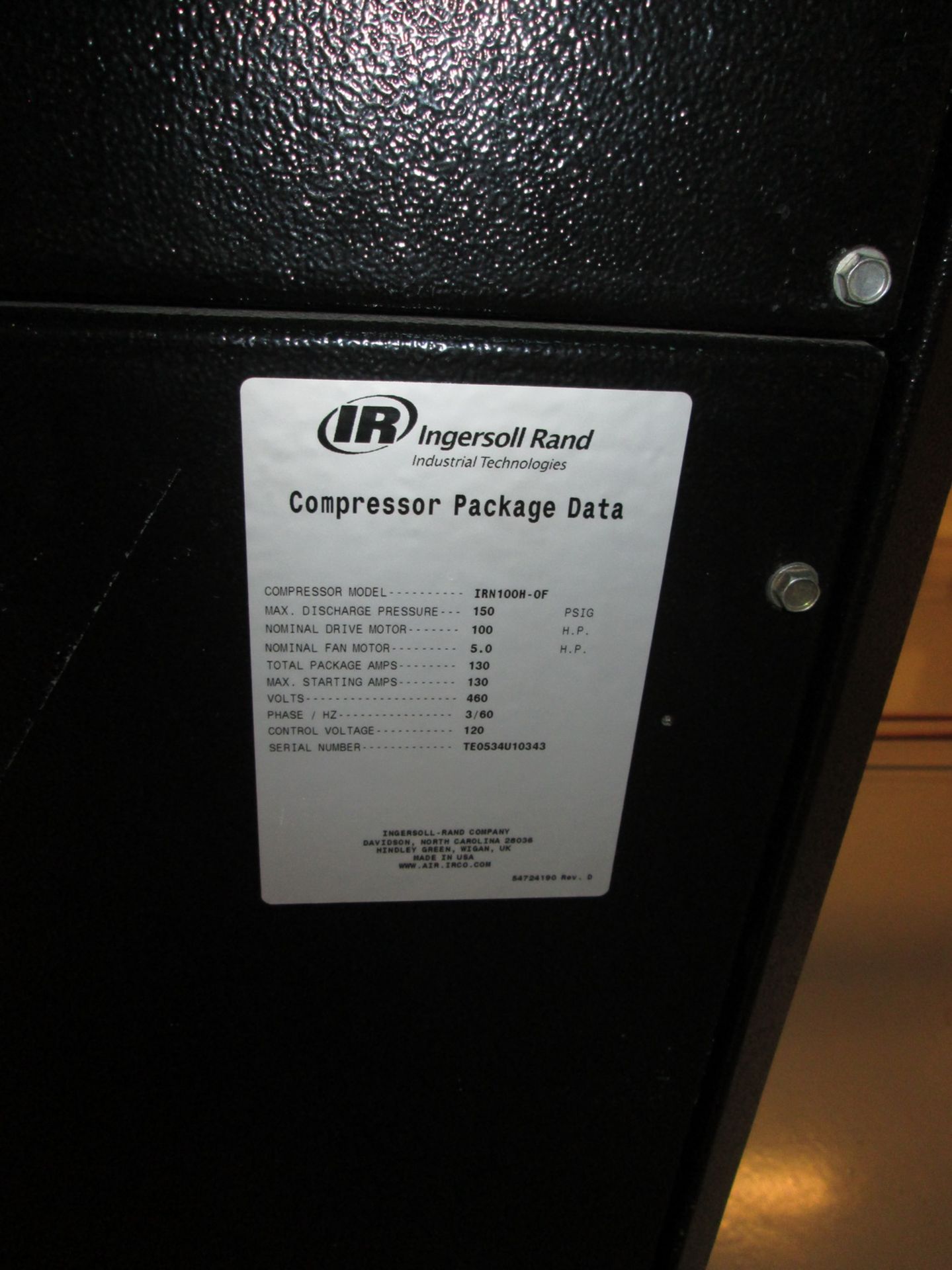 2010 Ingersoll Rand 100 hp oil free rotary screw air compressor, mn IRN-100H - Image 2 of 3