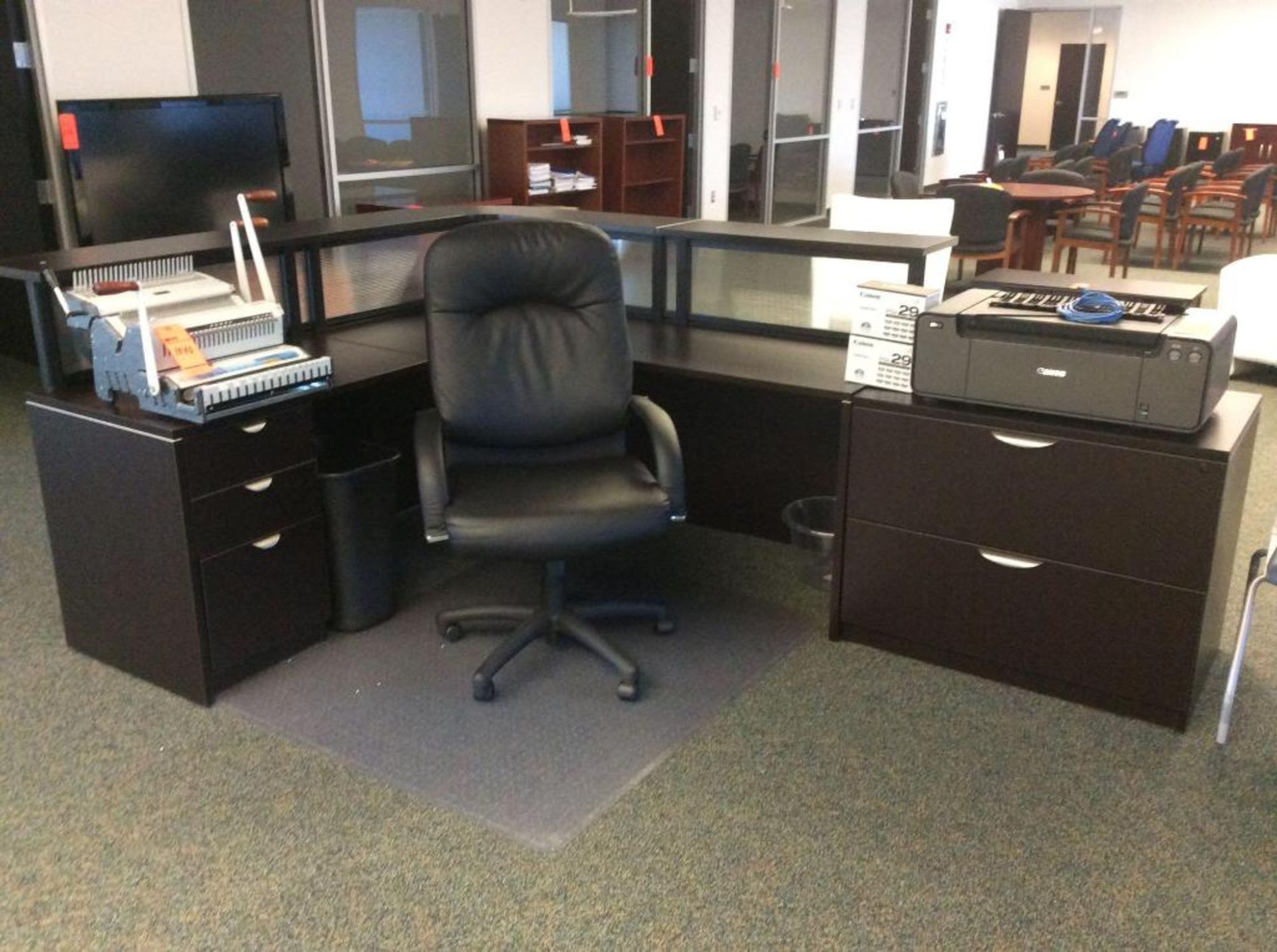 6' x 6' L-shaped wood receptionist desk with 3' wood lteral file cabinet, and leather executive chai - Image 2 of 2