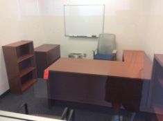 Office suite including 6' wood desk with left hand return, executive chair, (2) bookcases, 2-drawer