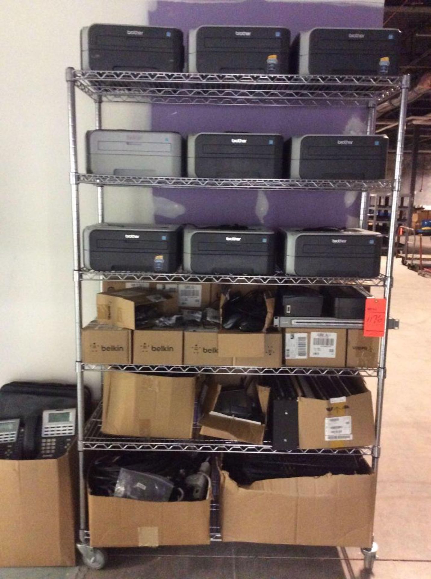 Large lot of assorted IT equipment contained on 7 rolling racks - includes monitors, printers, wires - Image 3 of 4