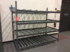 Lot of (12) 4 tier 8' wide x 4' deep gravity feed racks with 48" x 3/4" rollers in asst quantities