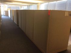 Lot of upholstered office cubicles, with overshelves, laterial files, storage cabinets. Outside wall