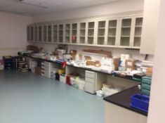 Lot of asst laboratory counters with storage cabinets and wall mounted cabinets (LATE PICKUP ON THIS