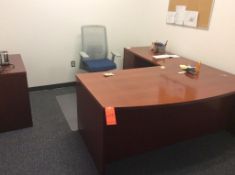 Office suite including 6' wood desk with left hand return, executive chair, and 2-drawer lateral fil