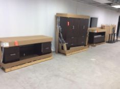 Nucraft modular office, NEW IN BOXES including desk with overshelf, wall credenza, and conference ta