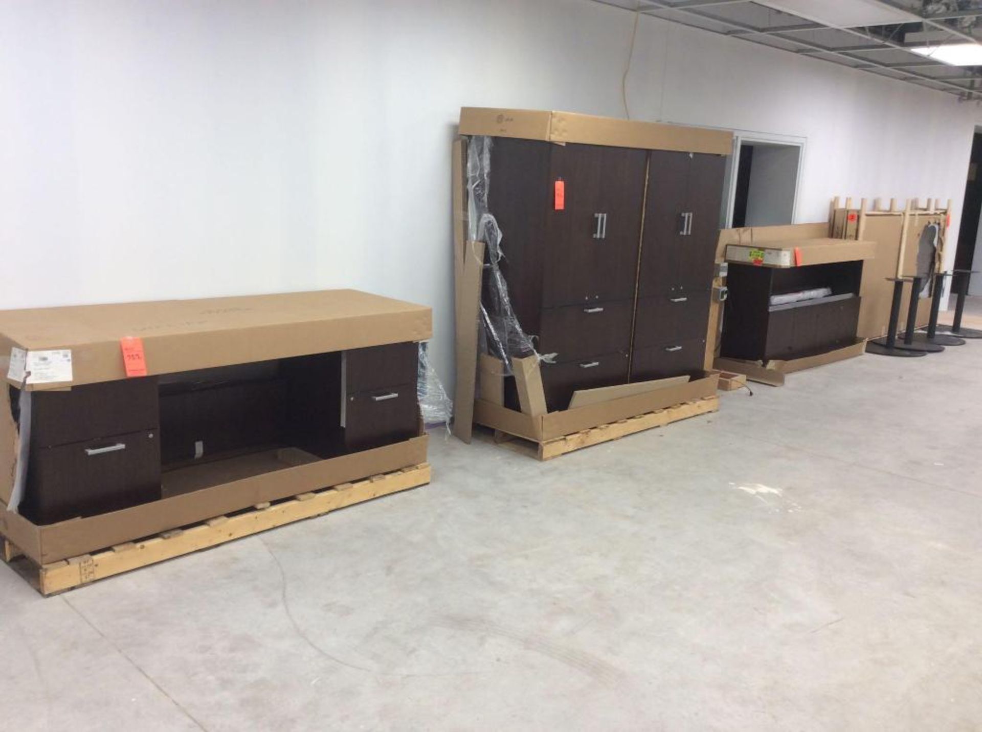 Nucraft modular office, NEW IN BOXES including desk with overshelf, wall credenza, and conference ta