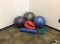 Lot of (10) exercise mats and asst workout inflatable balls