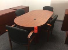 5 pc conference table including 6' 1-pc wood confrence table with (4) upholstered and wood arm chair