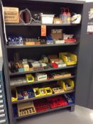 Lot of asst perishable tooling and shop supplies with Durham heavy duty storage cabinet