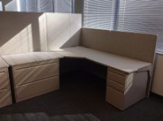 Lot of upholstered office cubicles, with overshelves, laterial files, storage cabinets. Outside wall