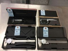 Lot of (4) asst measuring devices ncluding (2) 6" dial calipers, Mitutoyo 0-1" blade micrometer, and