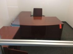 Office suite including 6' wood desk with right hand return and wood storage cabinet and upholstered