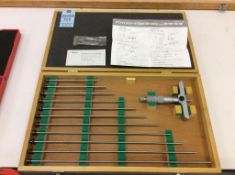 Mitutoyo 0-12" depth micrometer set with rods, mn 129-150 with case