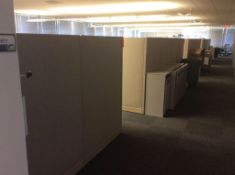 Lot of upholstered office cubicles, with overshelves, laterial files, storage cabinets. Outside wall