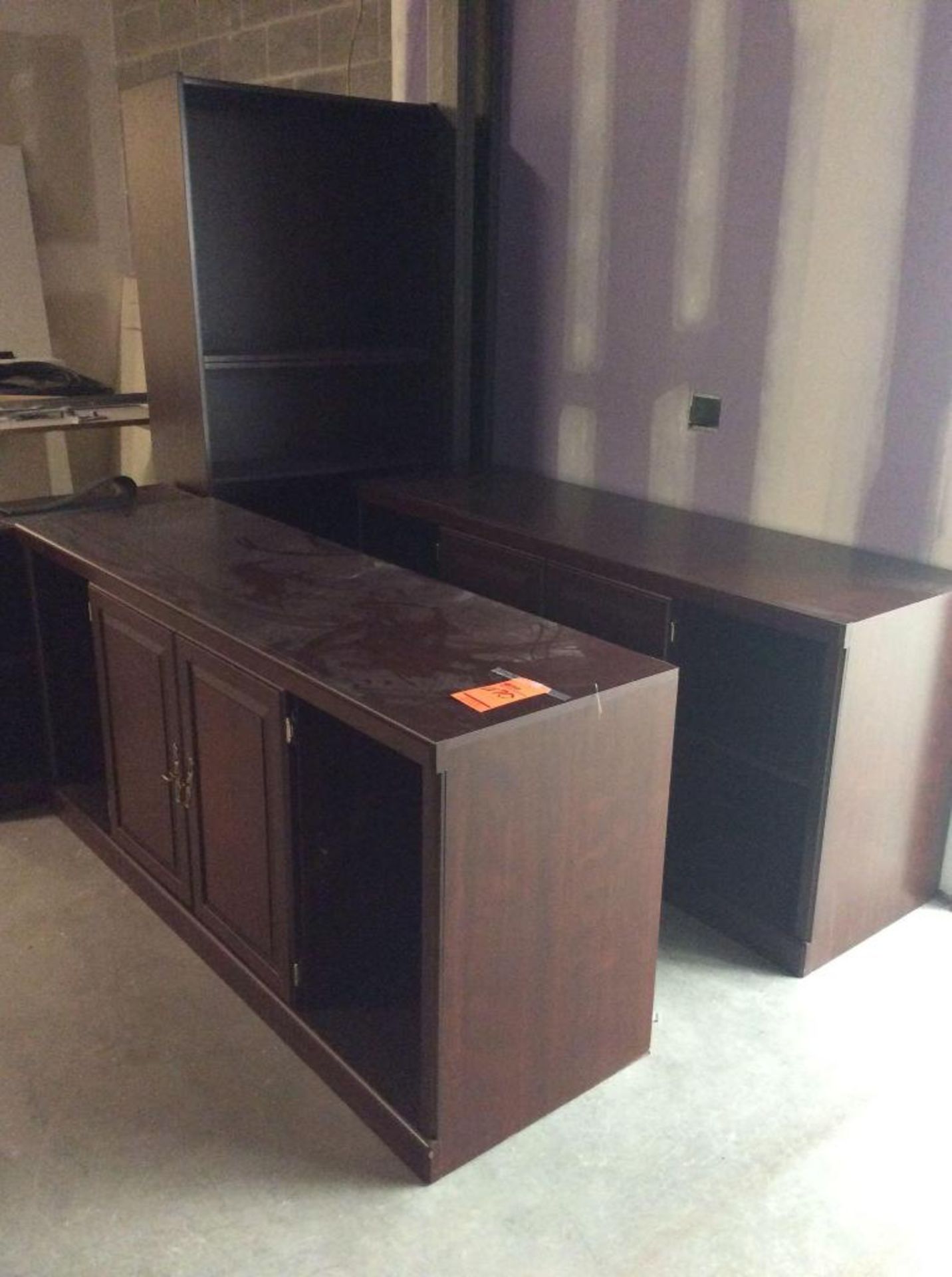 Lot of assorted woodgrain finish desks w/returns, bookshelves, and credenzas - Image 2 of 3