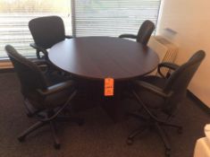 5-pc conference table including 42" diameter wood table and (4) HON upholstered executive chairs