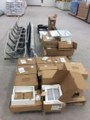 Lot of asst small wall heating units, fire extinguisher cabinets, man ladder, etc