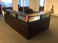 6' x 6' L-shaped wood receptionist desk with 3' wood lteral file cabinet, and leather executive chai