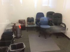 Lot f waste receptacles, paper shredders, and chairs