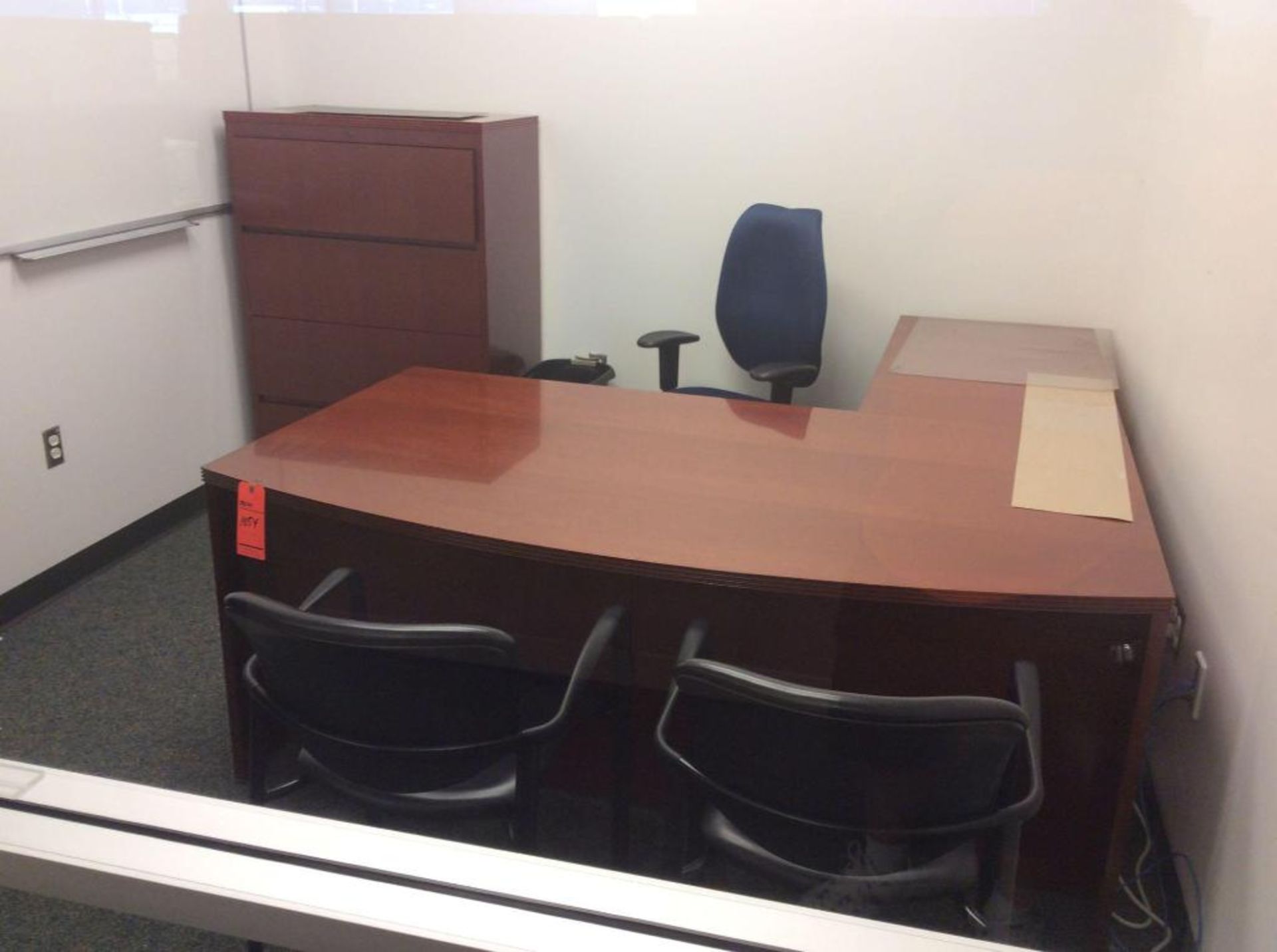 Office suite including 6' wood desk with left hand return, 4-drawer lateral file cabinet, executive