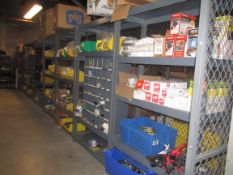 Lot of (9) sections of shelving, with contents, includes parts bins, hardware, maintenance items, e