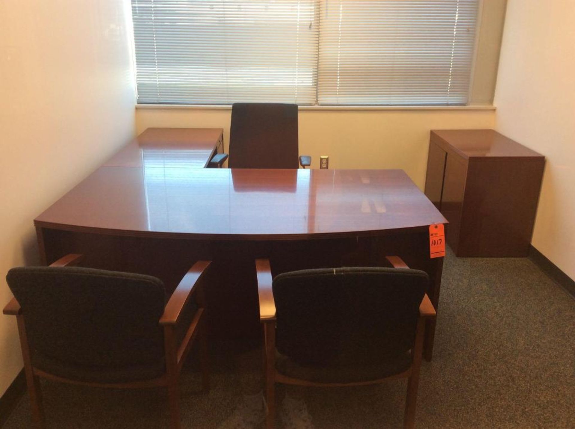 Office suite including executive desk with right hand return, executive chair, 3' wood storage cabin