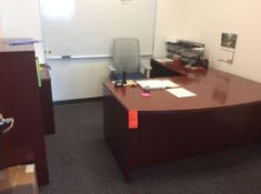 Office suite including 6' wood desk wih left hand return, executive chair, bookcase and 2-drawer lat
