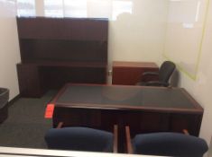 Office suite including 6' wood desk with leather inlay, 6' back desk with overshelf, 2-door wood lat