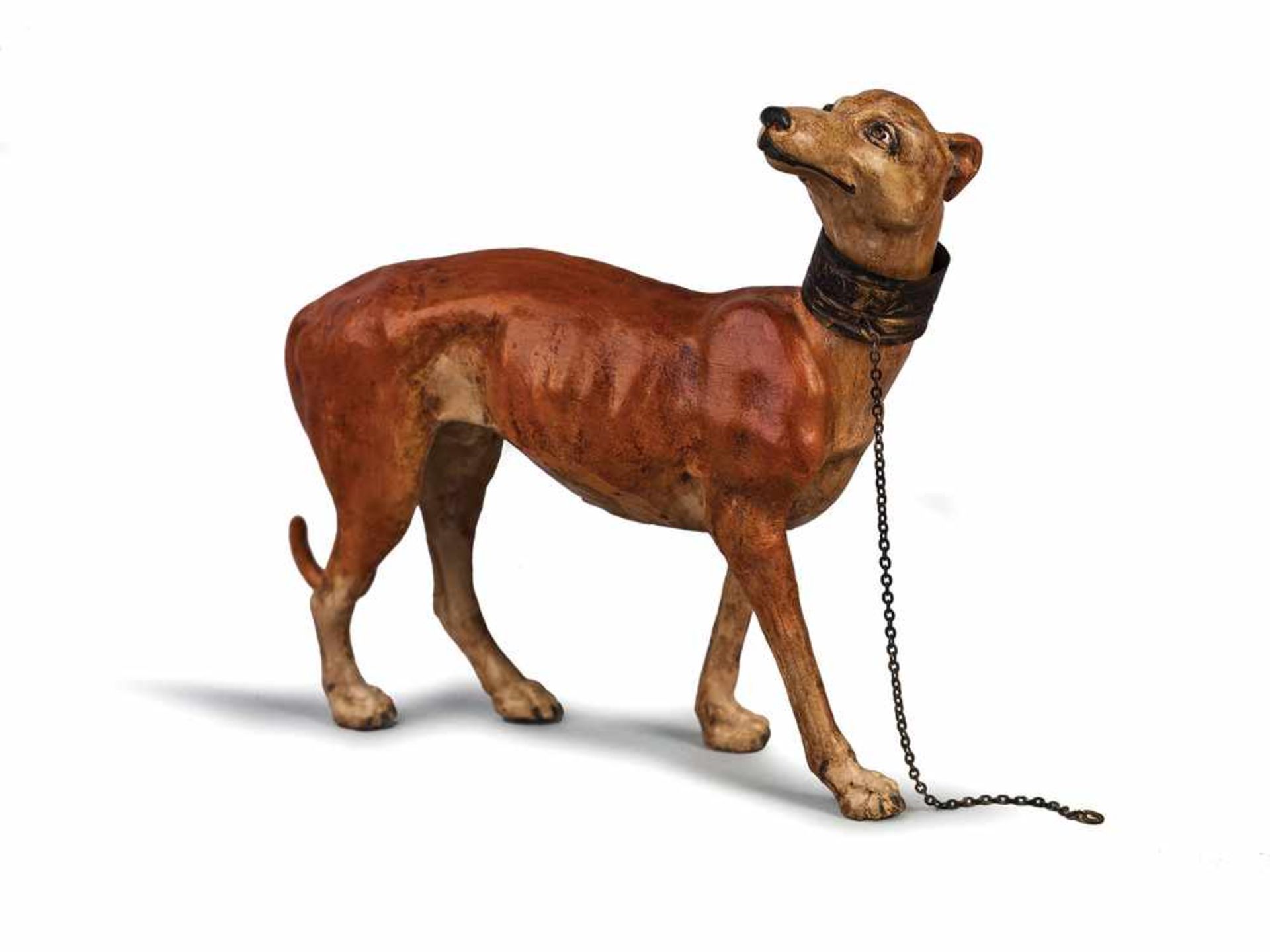 LEVRIERO IN TERRACOTTA POLICROMA | GREYHOUND Levriero in terracotta policroma, collare con catenella