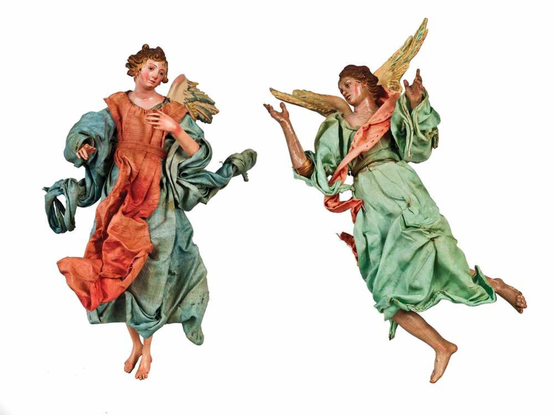 ANGELI | ANGELS Due angeli con tuniche azzurre, svolazzi rosa, e turchesi, ali in legno policromo,