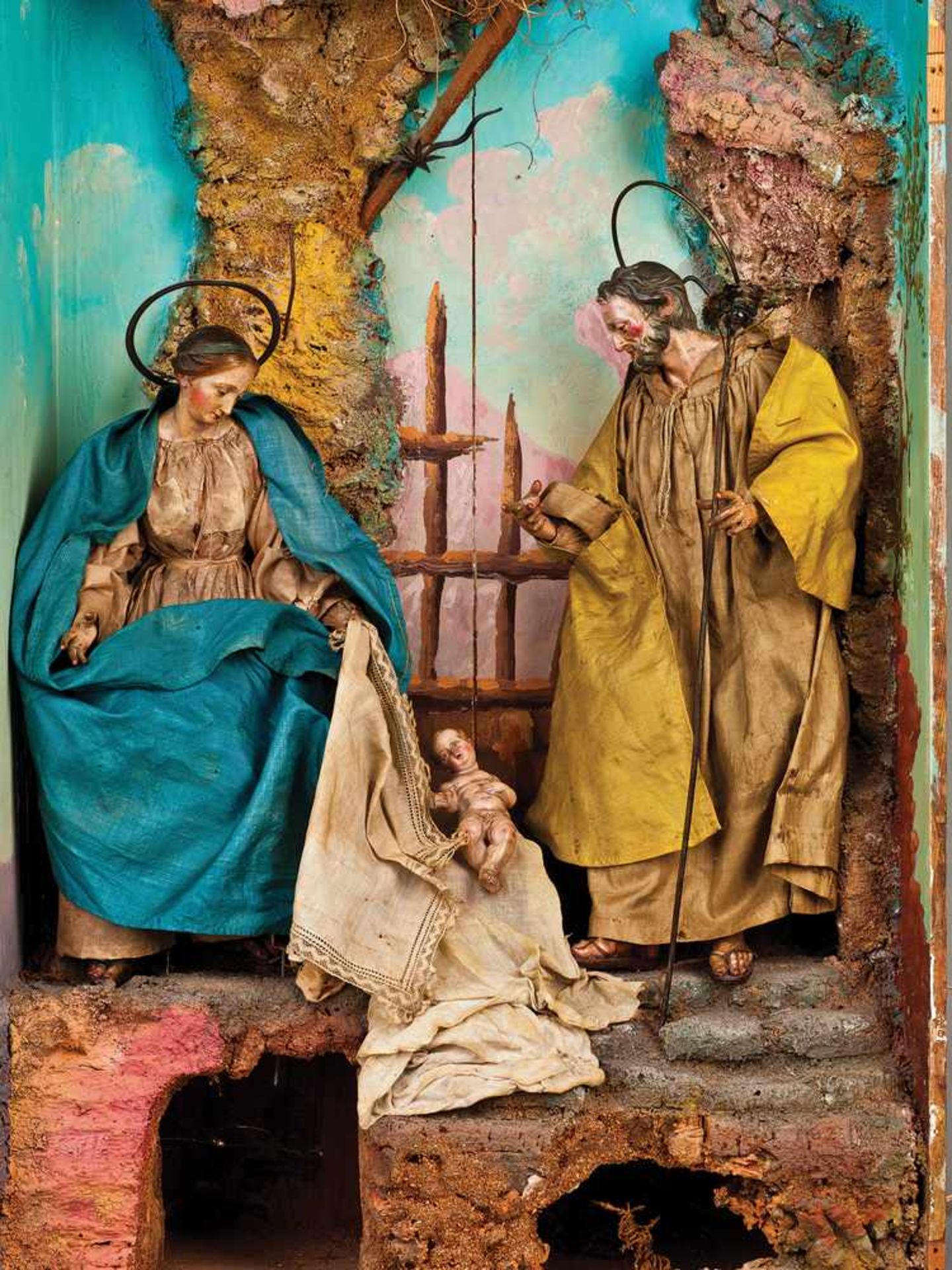 NATIVITÀ | NATIVITY Natività composta da Madonna assisa, nastro azzurro a raccogliere i capelli,