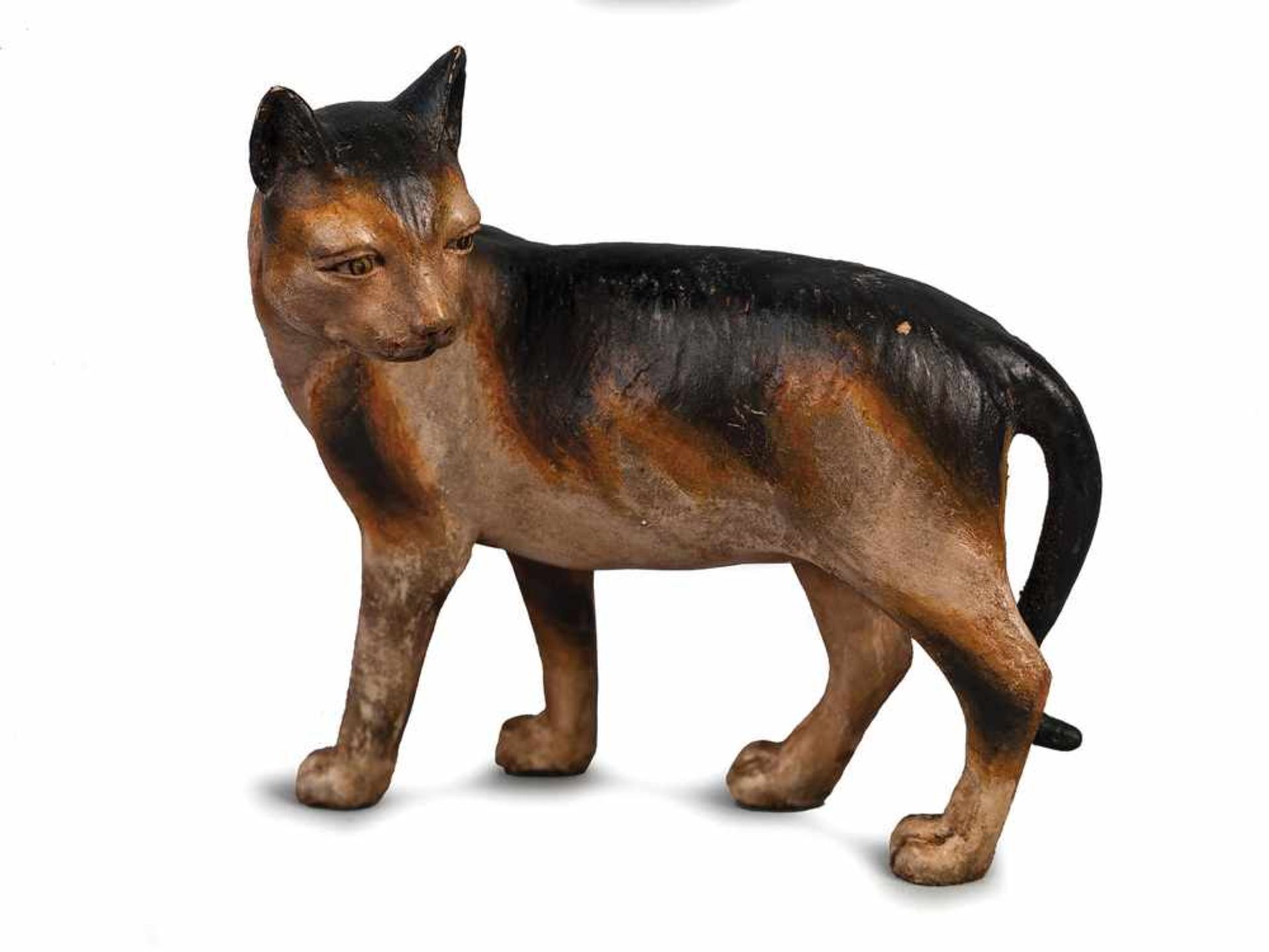 GATTO IN TERRACOTTA POLICROMA | CAT Gatto in terracotta policroma, coda di legno, girato all'