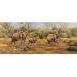 ɑ Tony Wooding, a herd of elephants in a landscape, oil on canvas, signed,