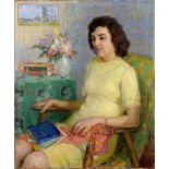 Russian school, a young lady wearing a yellow dress seated in an interior, oil on canvas,