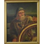 English school, 19th century, a half length portrait of a sailor at the helm, oil on canvas,