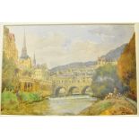 Clara E Baker, Pulteney Bridge in Bath, watercolour, signed 24 x 35 cm,