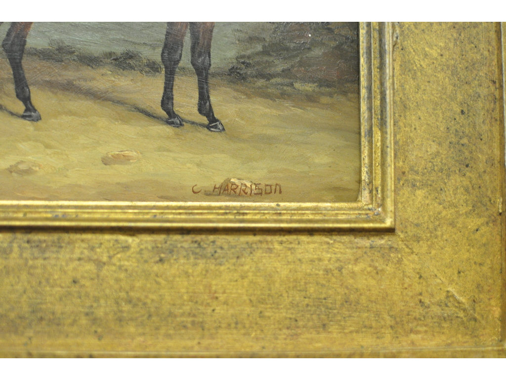 C Harrison, readying for the hunt, depicting two gentlemen in hunting pink, with a hound at foot, - Image 3 of 4