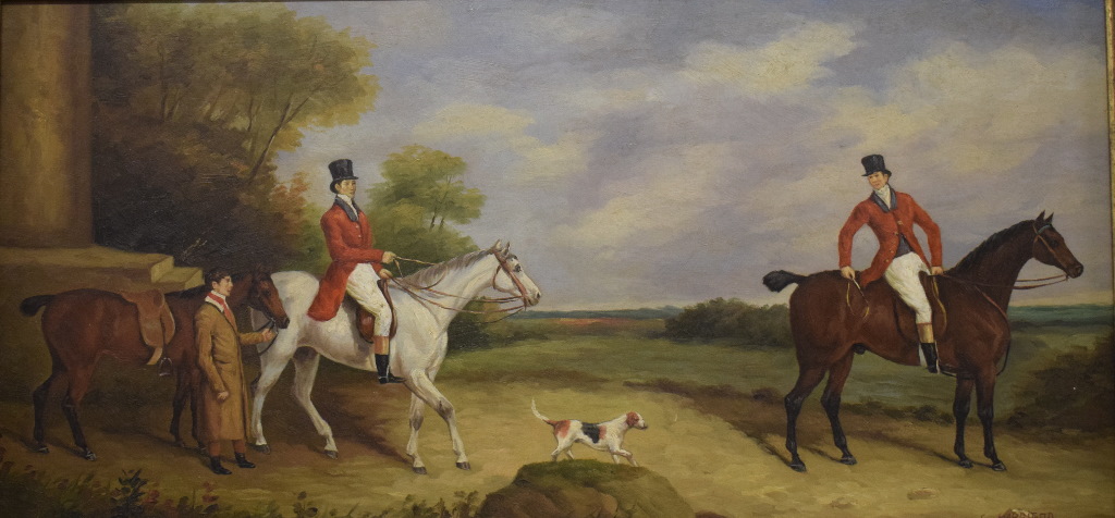 C Harrison, readying for the hunt, depicting two gentlemen in hunting pink, with a hound at foot,