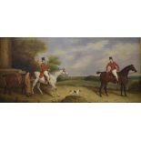 C Harrison, readying for the hunt, depicting two gentlemen in hunting pink, with a hound at foot,
